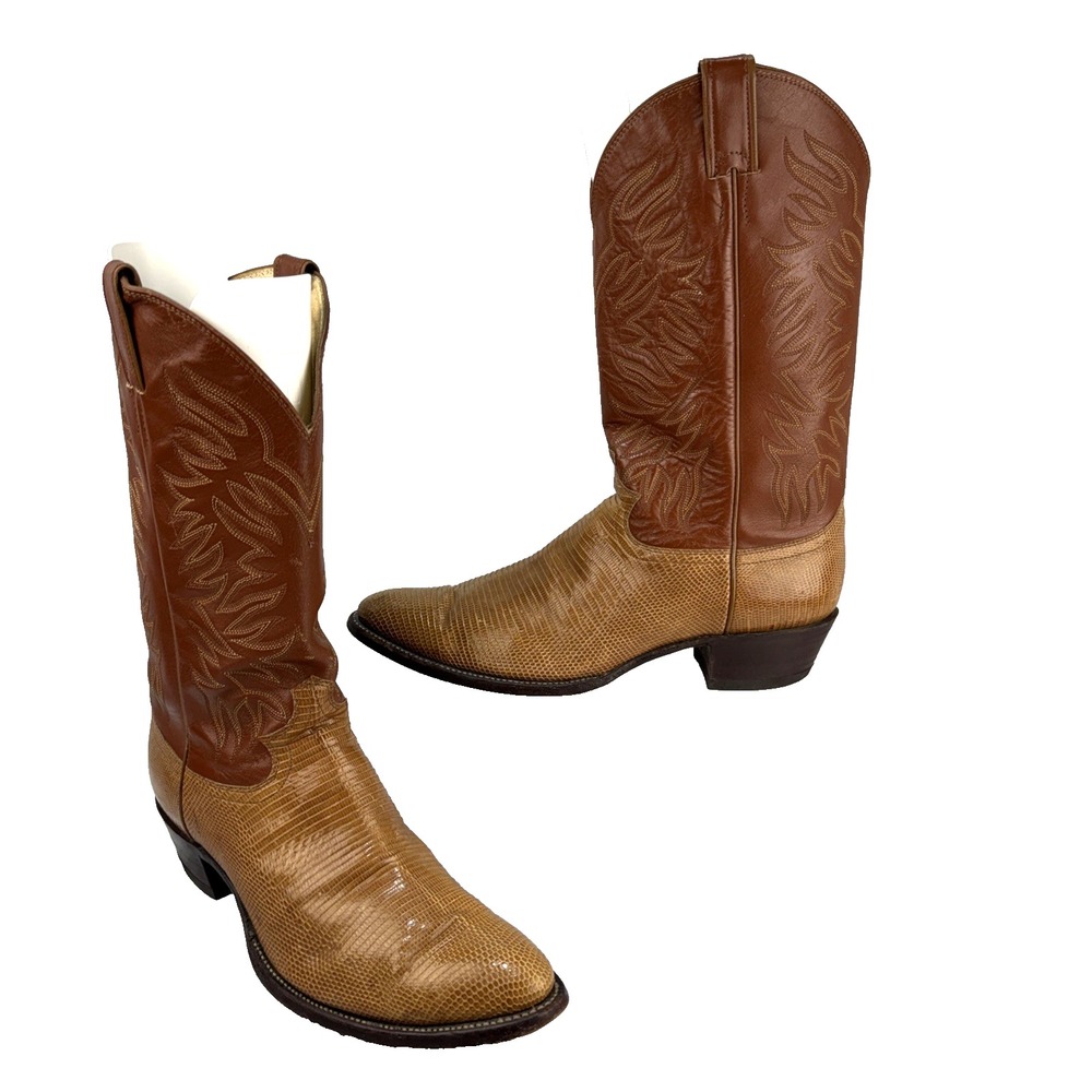 Justin Mens Vintage Lizard Teju Cowboy Western Boots Size 12 Brown Leather USA